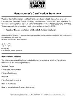 Certification Statement ~ Tax Credit ~ Modern Insulation (cellulose)